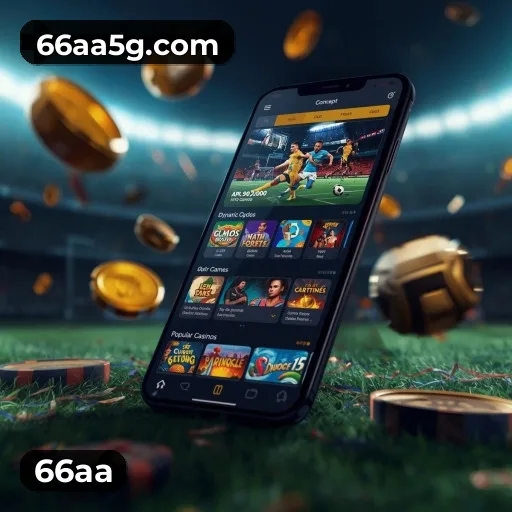 App 66aa para iOS e Android — interface mobile, login biométrico e PIX integrado
